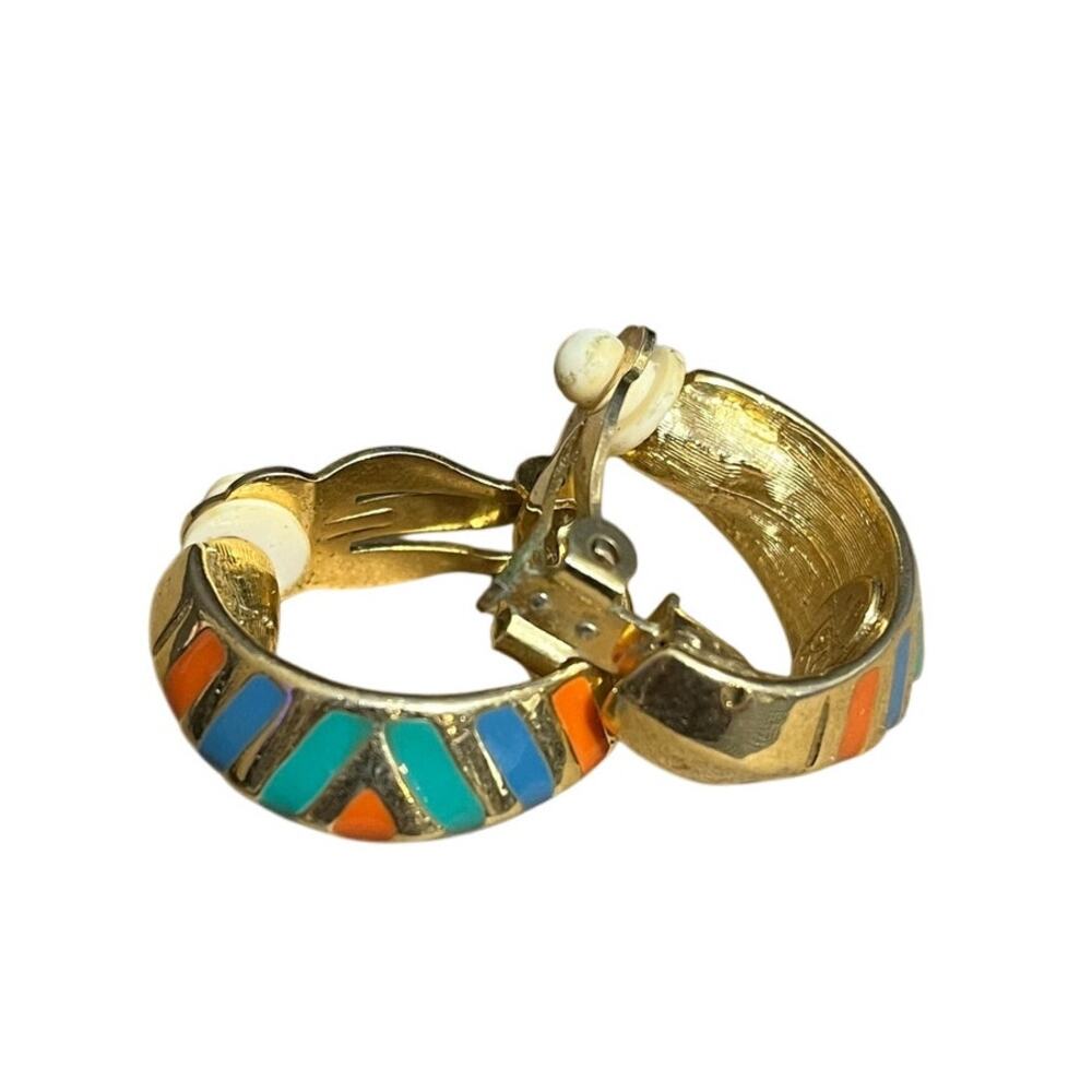 Vintage Cora gold tone multi color clip on earrings boho funky jewelry